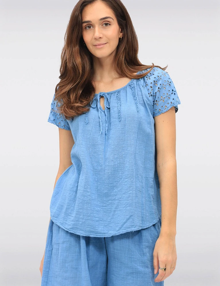 Solid Cotton Eyelet Sleeve Keyhole Neckline & Crochet Accents Top by Froccella