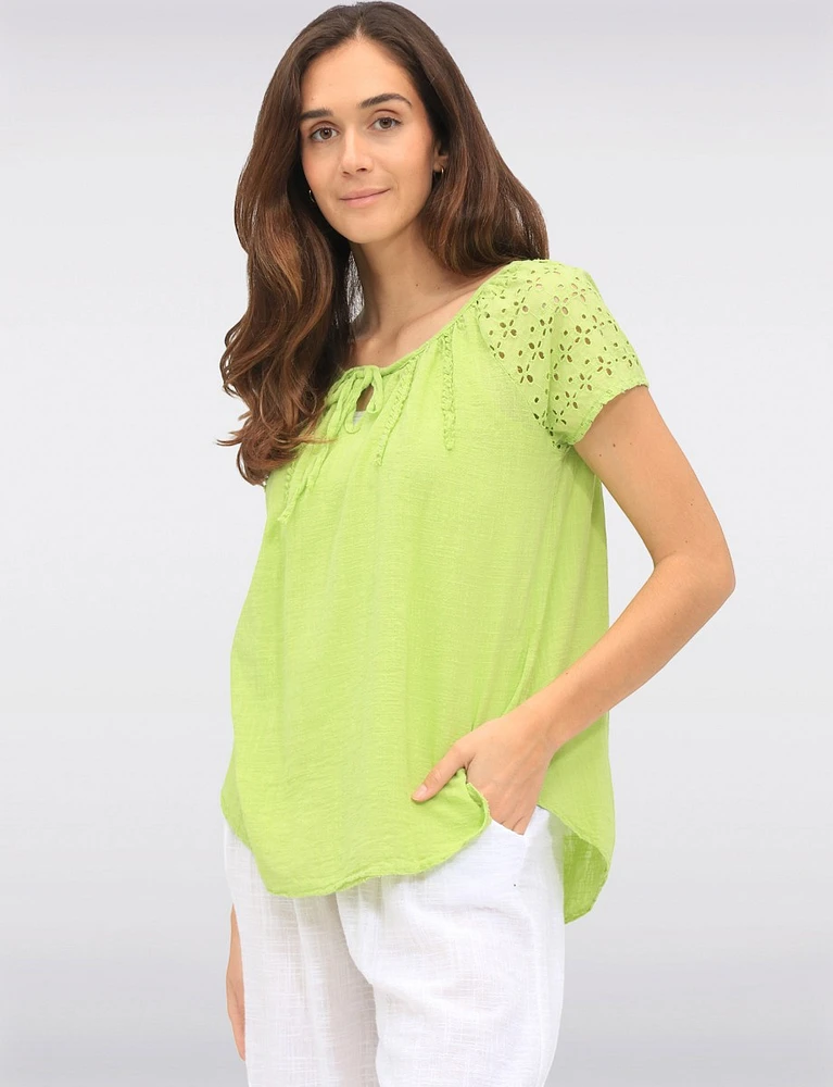 Solid Cotton Eyelet Sleeve Keyhole Neckline & Crochet Accents Top by Froccella