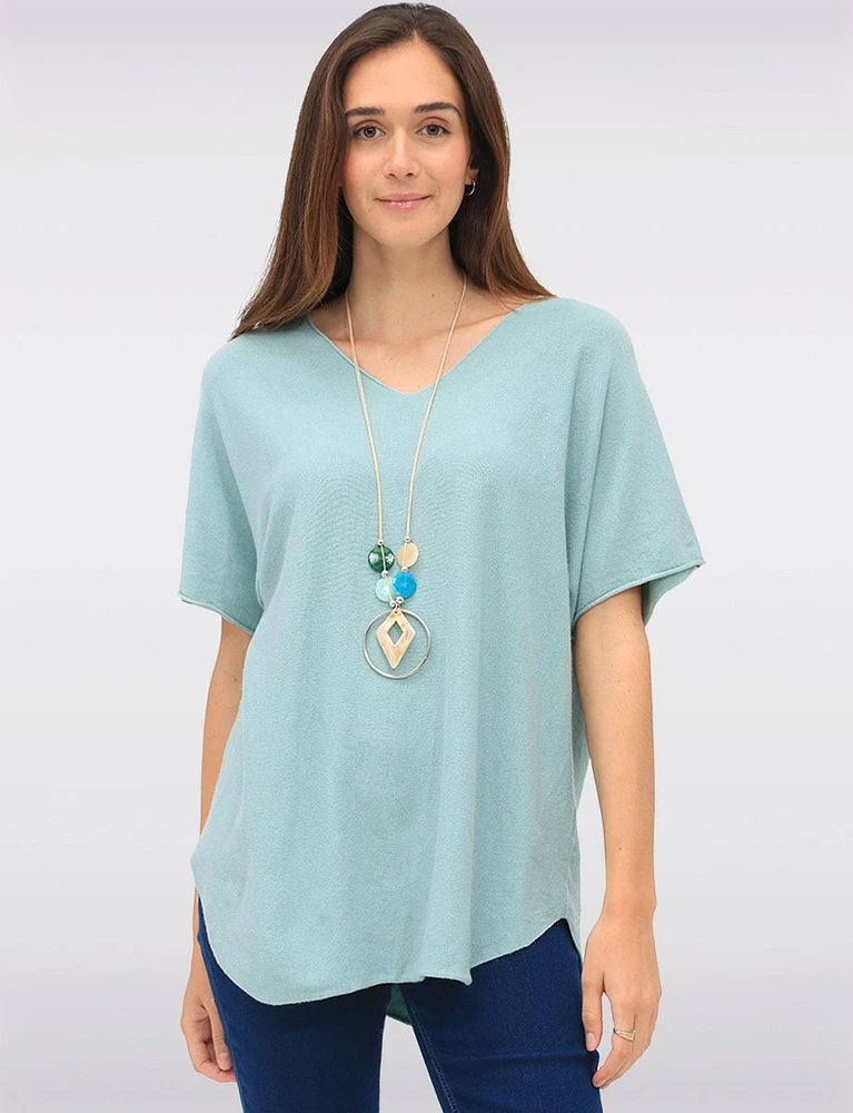 Soft Touch Short Sleeve V-Neck Knit Top with Rounded Hem & Necklace by Froccella