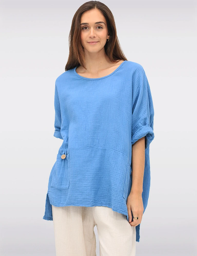 Loose Fit Textured Cotton Short Sleeve Tunic with Front Pockets by Froccella