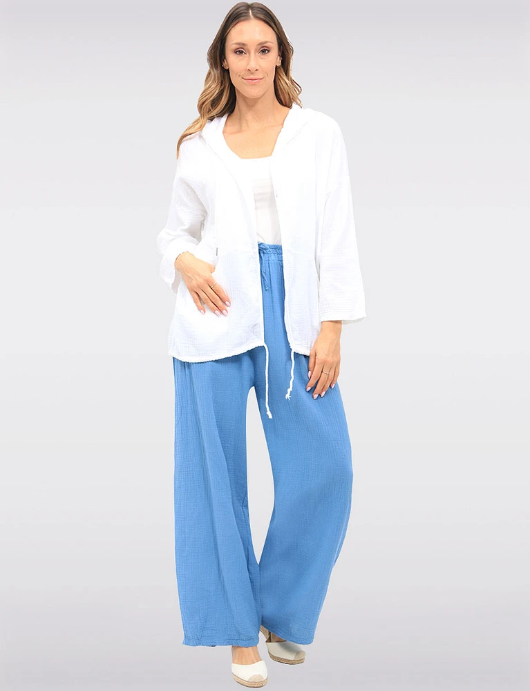 Textured Cotton Wide-Leg Pants with Elastic Waist and Front Pockets by Froccella