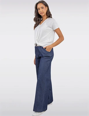 Relaxed Fit Wide-Leg Cotton Stretch Denim Pants with Belt by Froccella