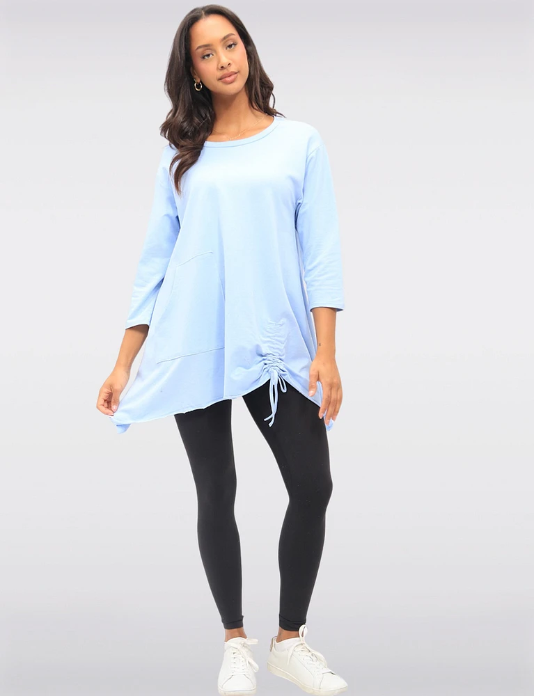 Solid Three-Quarter Sleeves Tunic with Drawstring & Pocket Details by Froccella