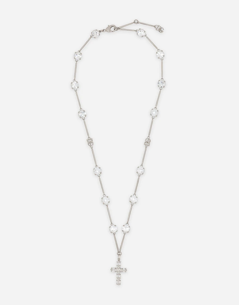 Rosary-style necklace with rhinestone-detailed crosses