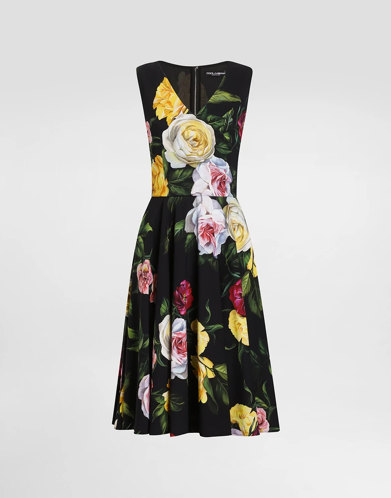 Peony and rose-print cady calf-length dress with circle skirt