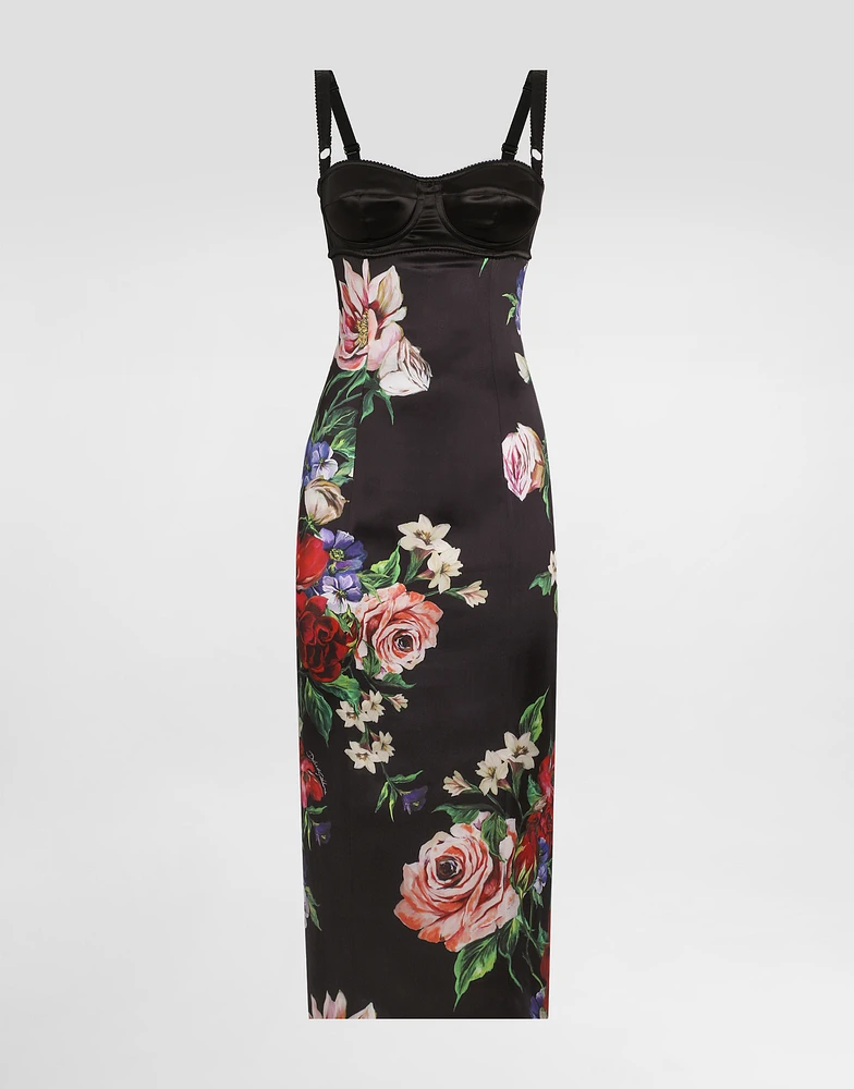 Satin slip dress with bra detail and floral print