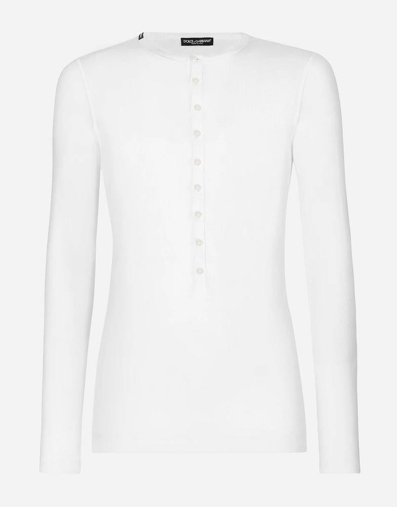 Fine-rib cotton granddad-neck T-shirt