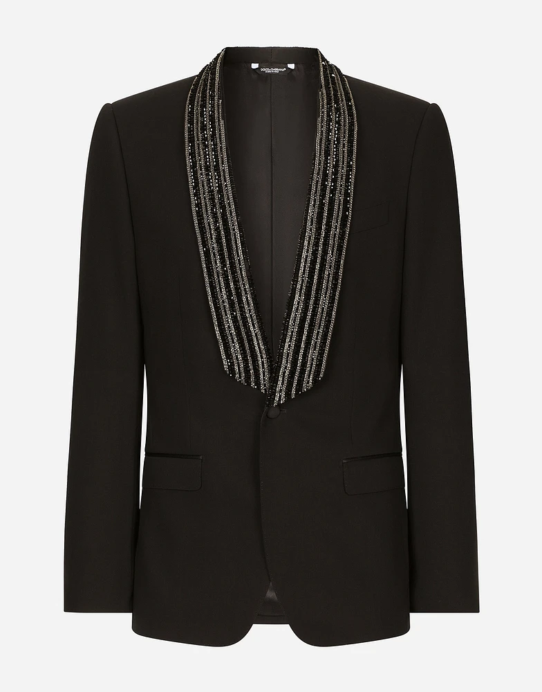 Single-breasted jacket with embroidered shawl collar