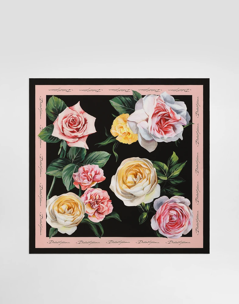 Rose and peony-print silk twill foulard (70x70)
