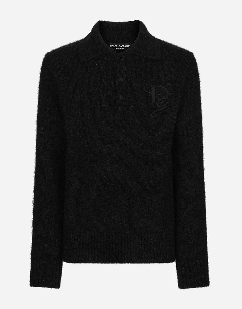 Long-sleeved wool polo-shirt with embroidered logo