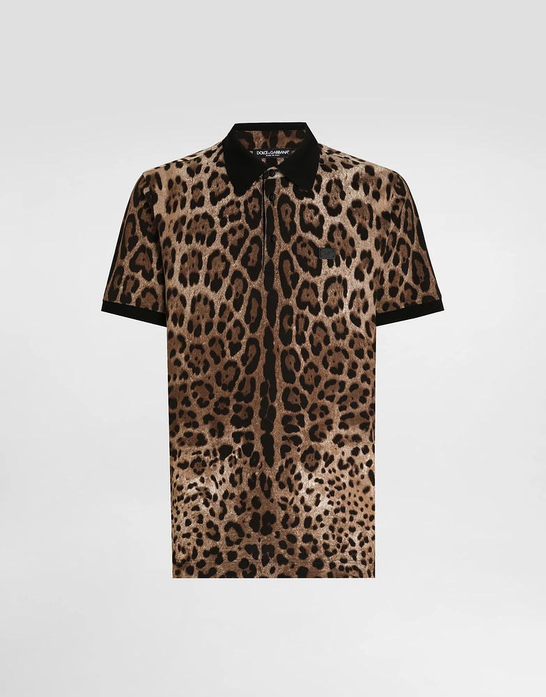 Cotton polo-shirt with leopard print