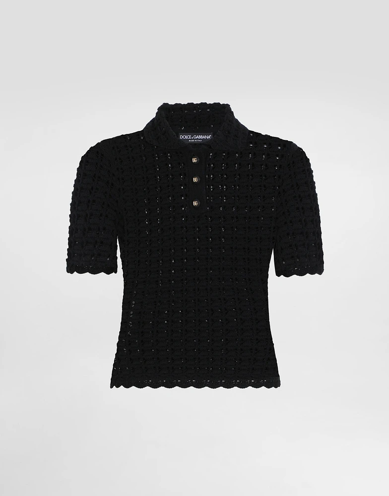 Wool lace-stitch polo-shirt