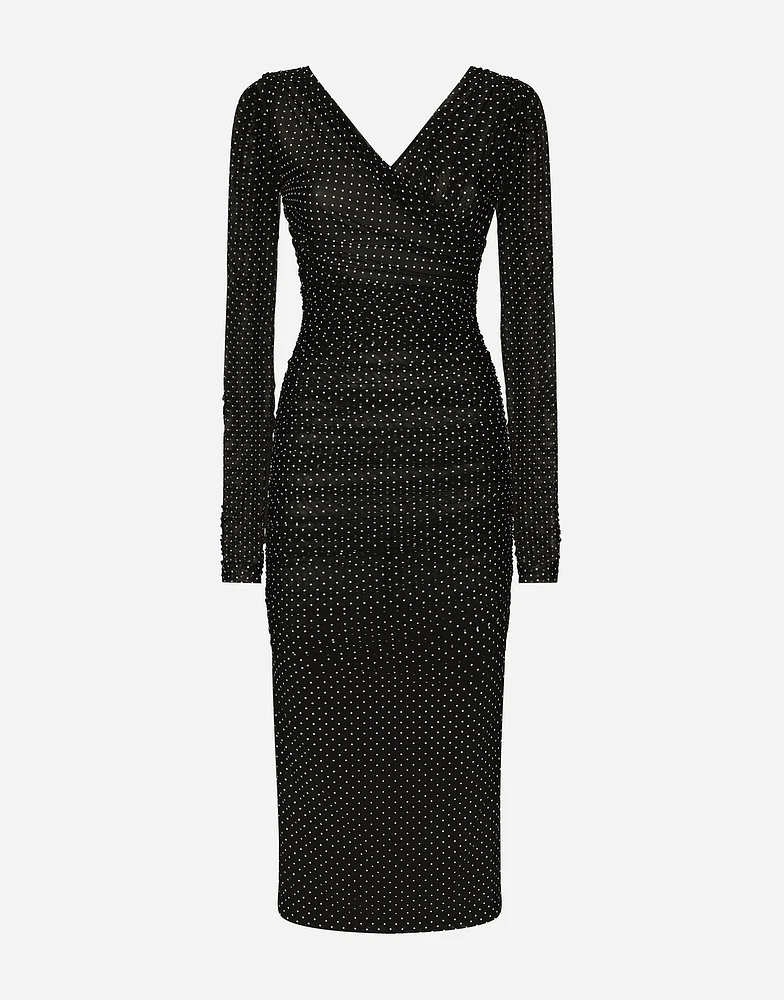 Tulle calf-length dress with draping and polka-dot print