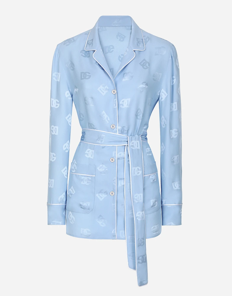Long-sleeved silk satin jacquard pajama shirt with DG logo