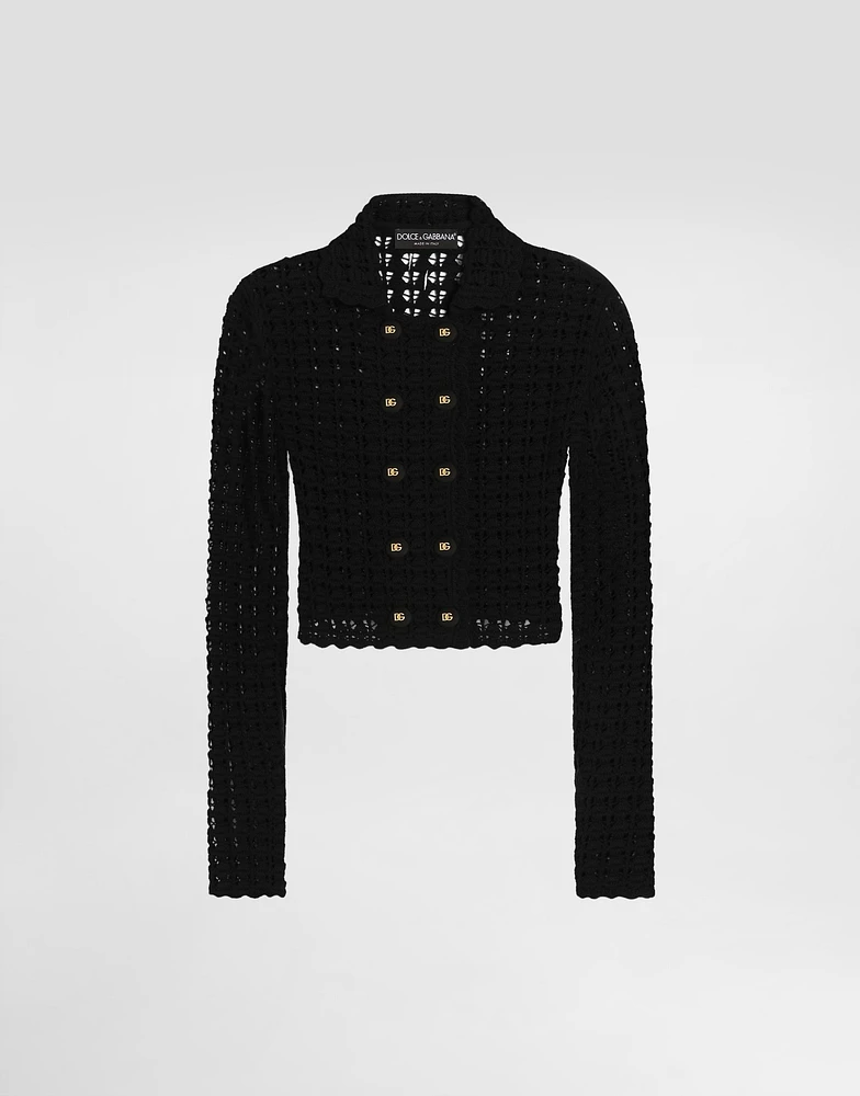 Short double-breasted wool crochet jacket