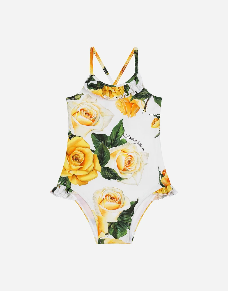 Spandex one-piece swimsuit with yellow rose print