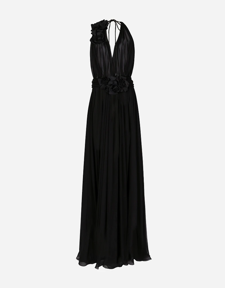 Long silk chiffon dress with floral appliqué