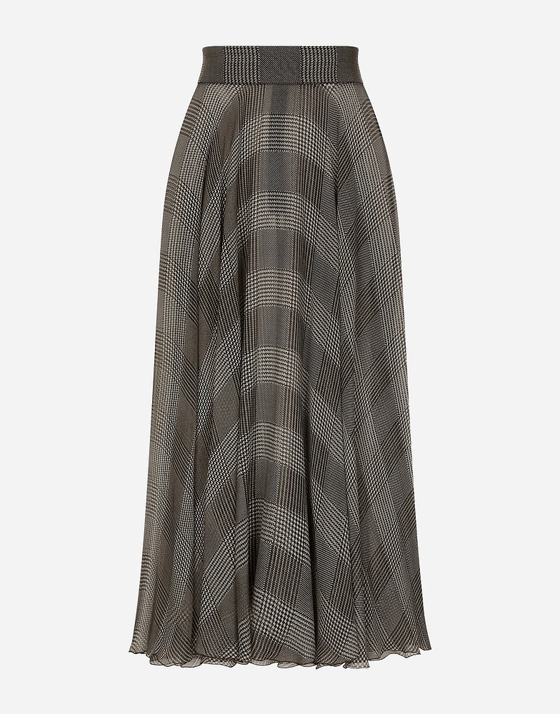 Silk chiffon calf-length circle skirt with glen plaid print