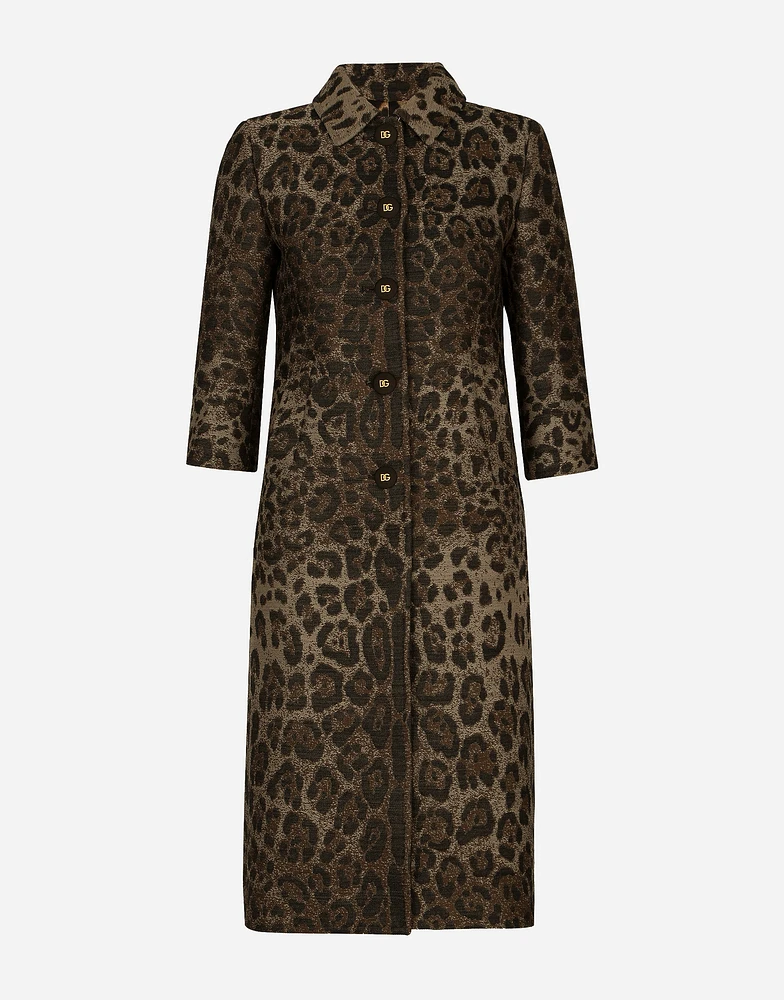 Single-breasted wool jacquard coat with leopard design