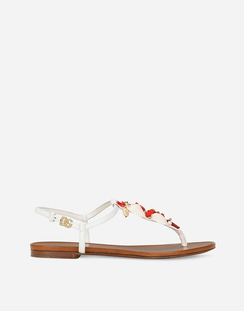 Nappa leather thong sandals with coral embroidery