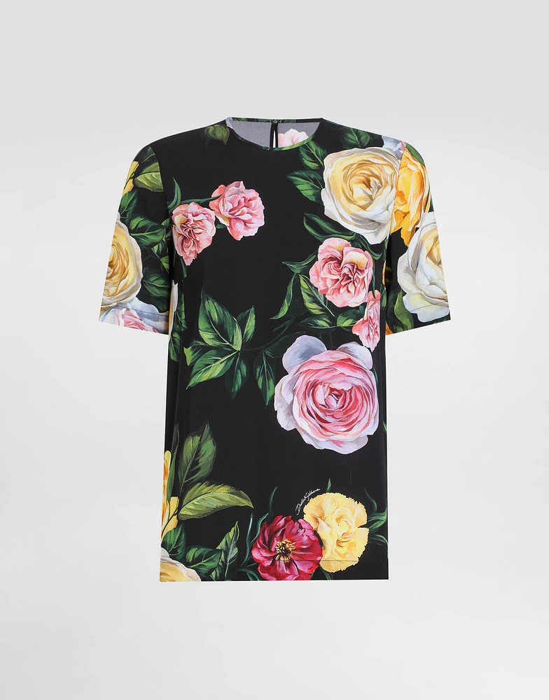 Silk charmeuse blouse with peony and rose print