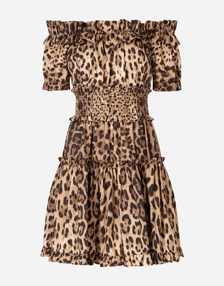 Short leopard-print poplin dress