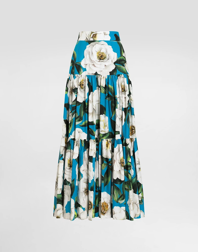 Long ruffled skirt gardenia-print cotton