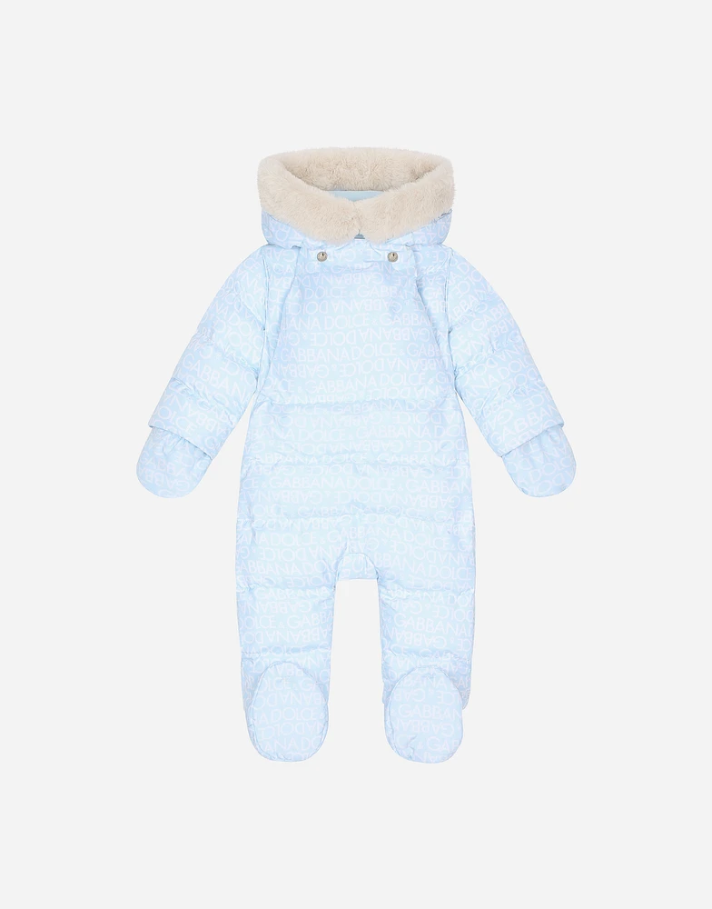 Padded quilted nylon snowsuit with all-over logo print