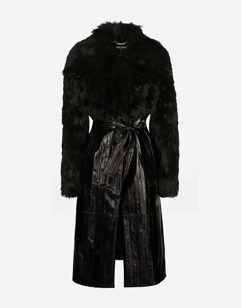 Alpaca and eel skin single-breasted coat with belt