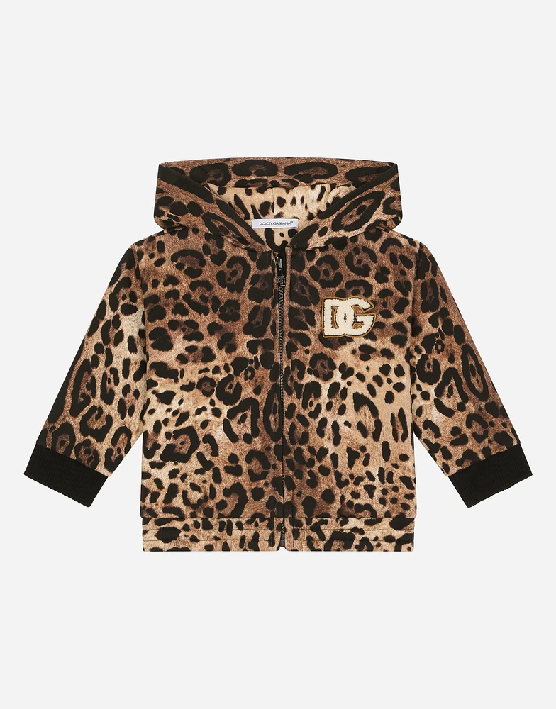 Zip-up jersey hoodie with leopard print