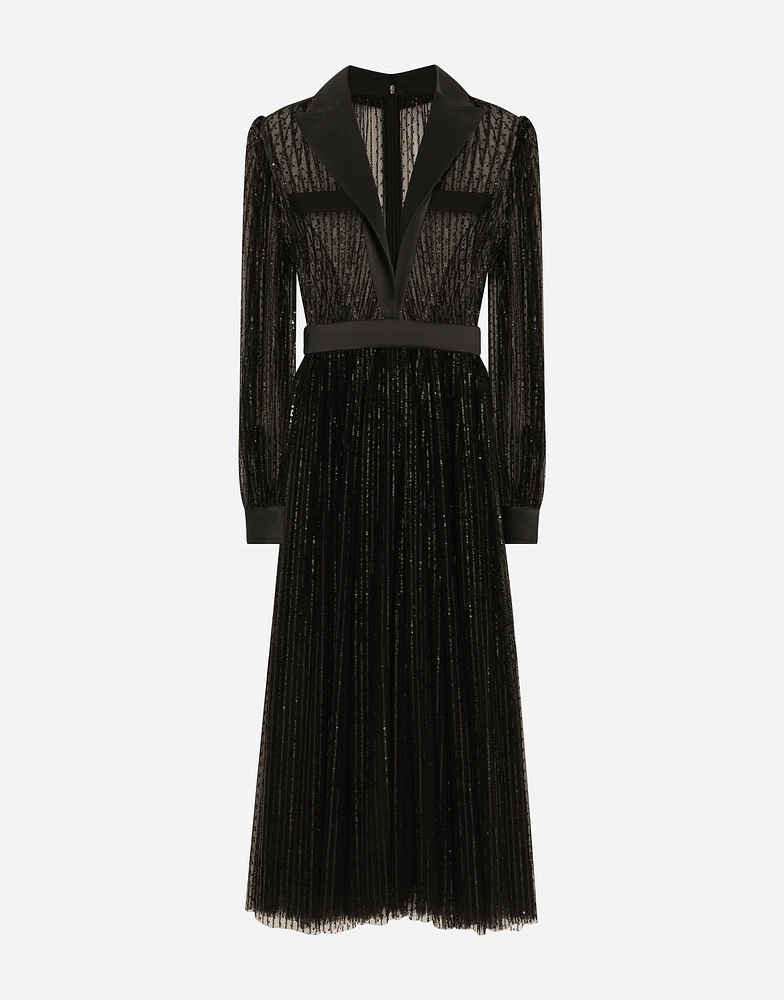 Calf-length tulle tuxedo shirt dress with sequin embellishment