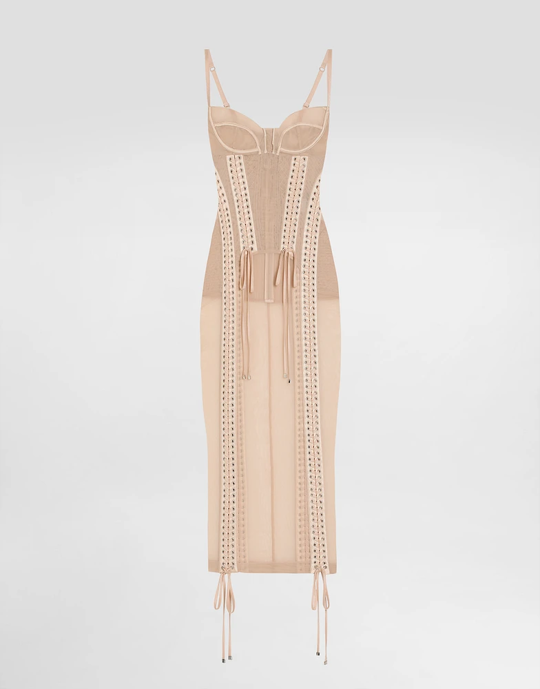 Light tulle calf-length slip dress with corset details