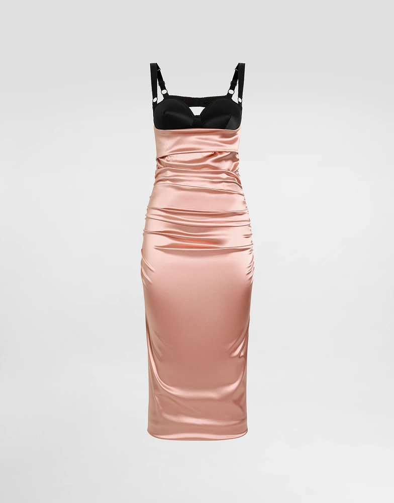 Draped satin calf-length dress with bra-style cups
