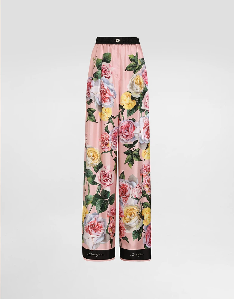 Silk pajama pants with rose and peony print