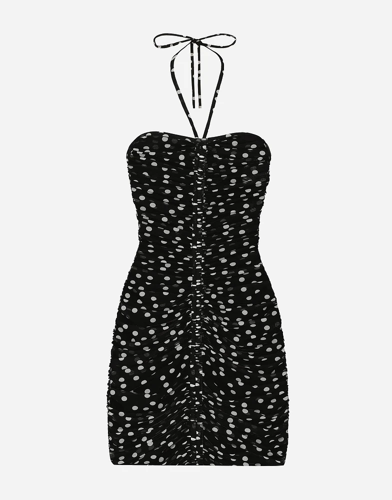 Short draped tulle dress with polka-dot print