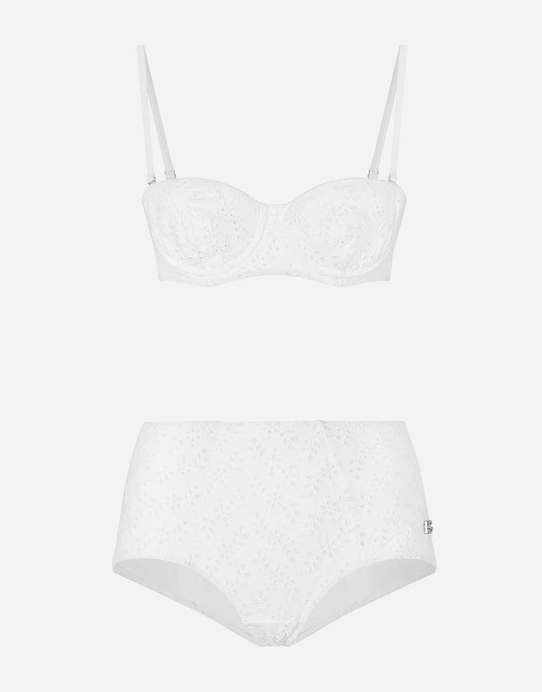 Broderie anglaise balconette bikini with high-waisted bottoms