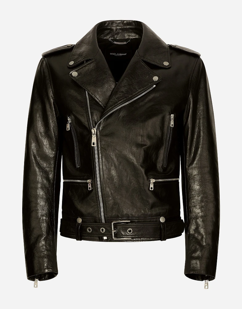 Belted leather biker jacket