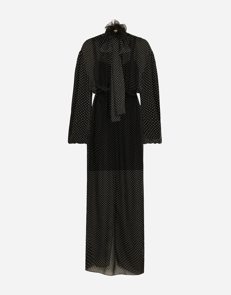 Long silk chiffon dress with polka-dot print, a pussy-bow detail and flower on neck