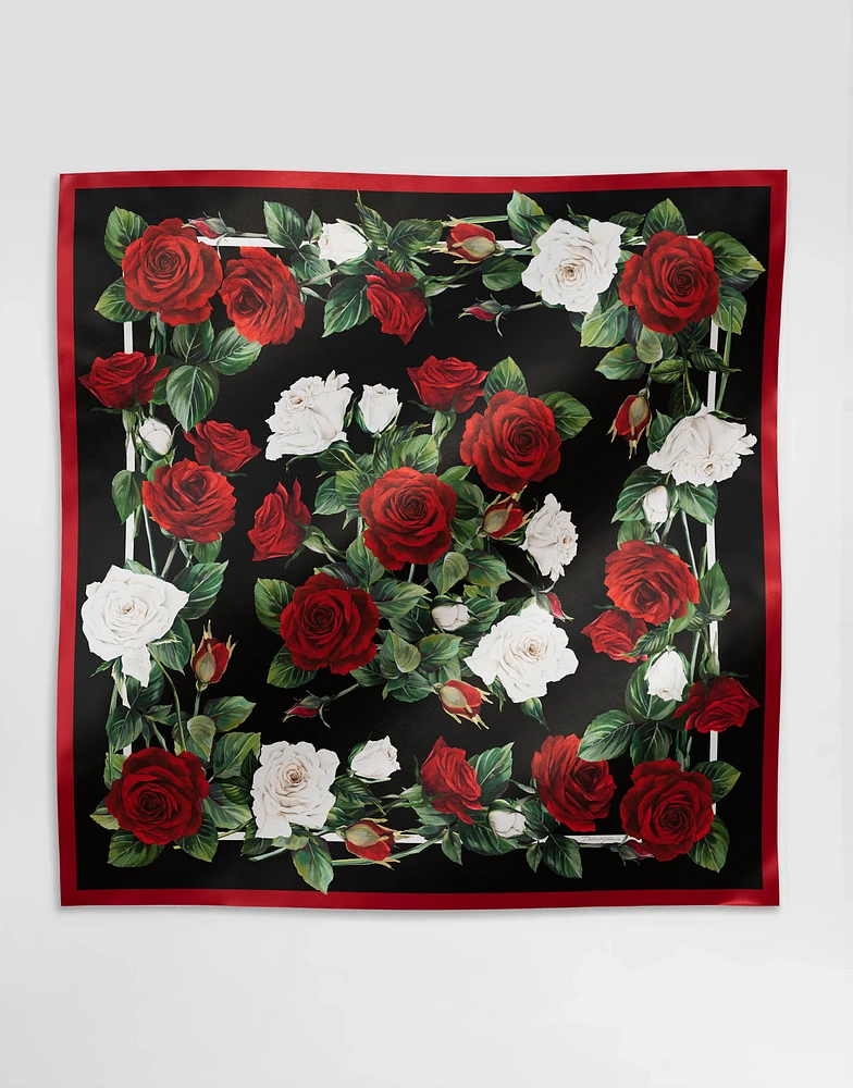 Rose-print silk twill foulard (90x90)