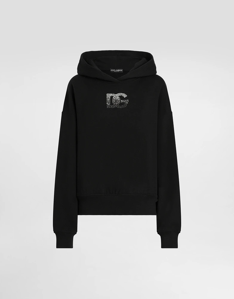 Jersey hoodie with rhinestone-detailed DG embellishment