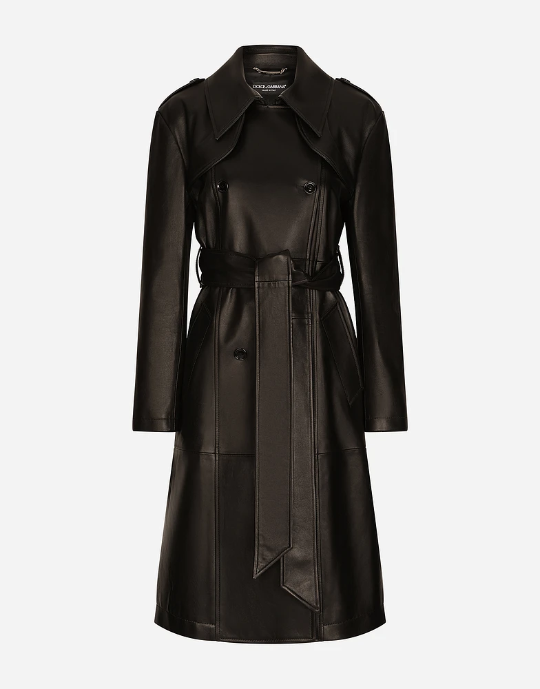 Belted double-breasted leather coat