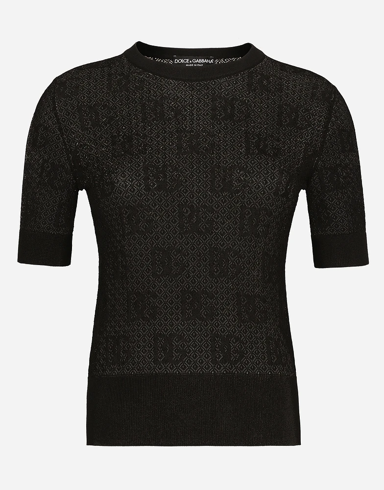 Lace-stitch viscose sweater with jacquard DG logo
