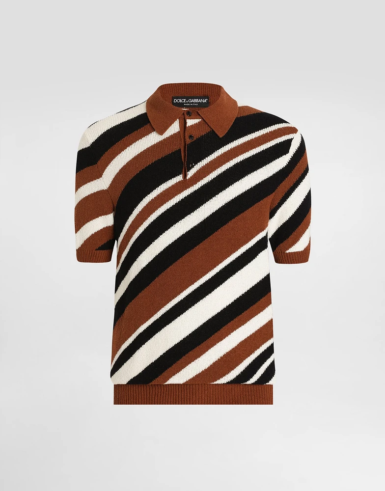 Short-sleeved cotton polo-shirt with striped inlay