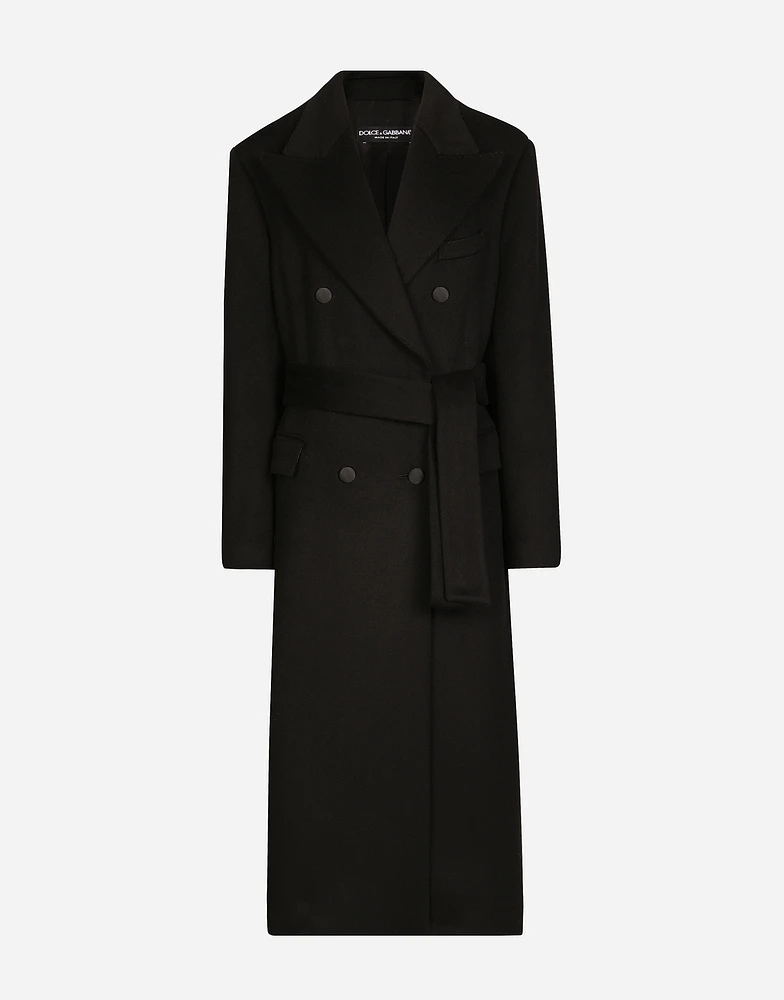 Double-breasted cashmere baize coat with belt
