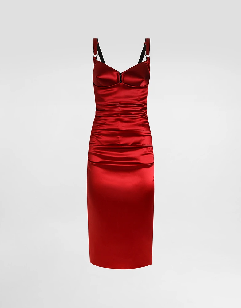 Draped satin calf-length dress with conical cups