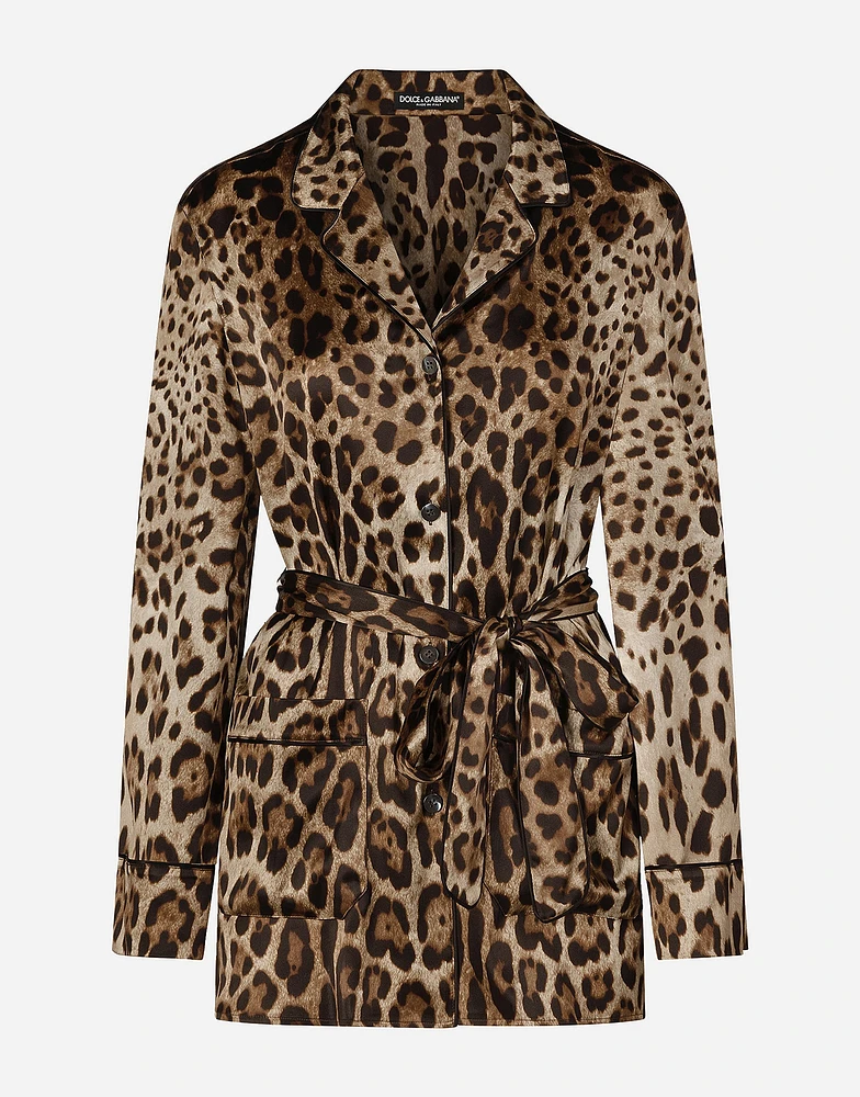 Leopard-print satin pajama shirt with belt