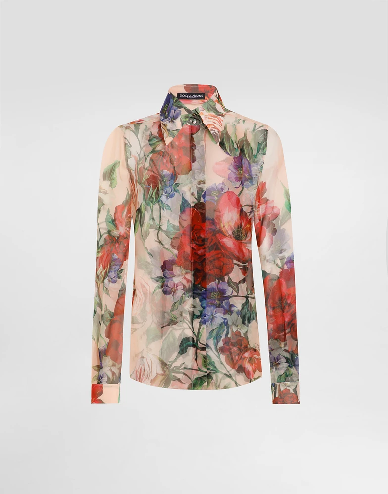 Long-sleeved floral-print chiffon shirt