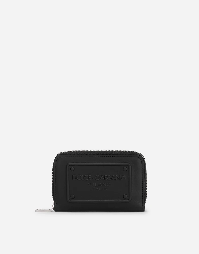 Small zip-around wallet in calfskin with raised logo