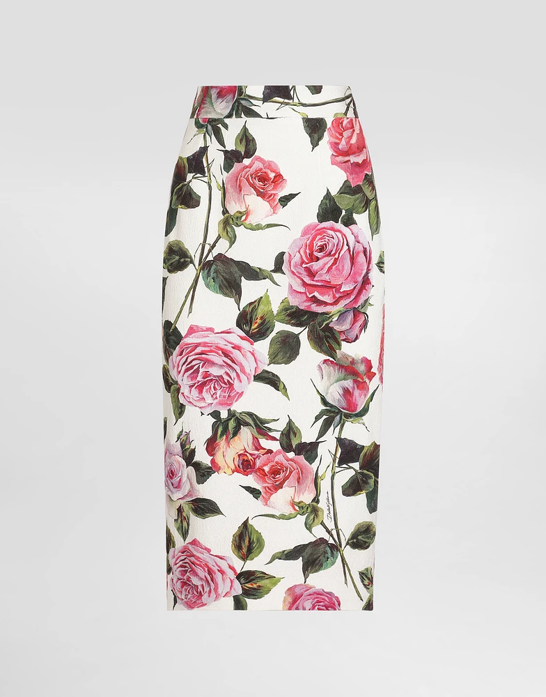 Rose-print cotton jacquard calf-length skirt