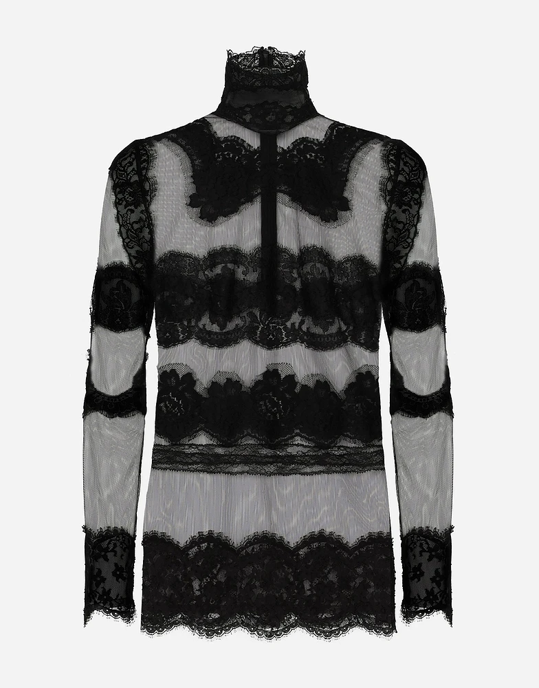 Tulle turtle-neck top with lace inserts